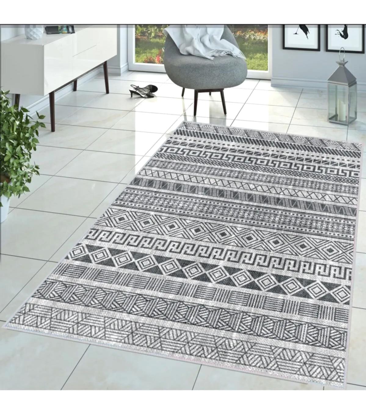 Rovigo Home RVG1363-HT929 Gri 8 mm Polyester Leke Tutmaz-Toz Tutmaz Yıkanabilir İnce Kaymaz Dot Taban Dikdörtgen Makine Dokuma Salon Halısı 80x500 cm