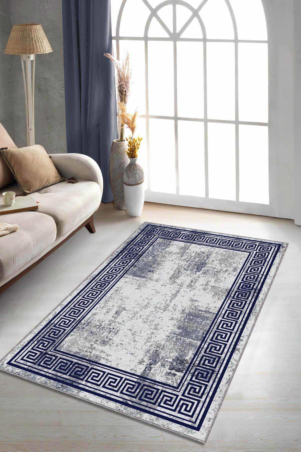 Viva Home AR167 Lacivert 7 mm Mikropolyester Leke tutmaz Yıkanabilir İnce Kaymaz Dikdörtgen Makine Dokuma Salon Halısı 80x500 cm