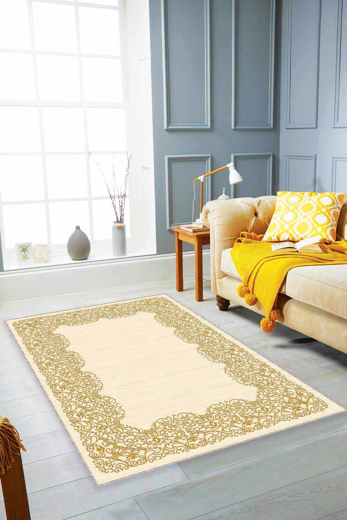 Viva Home MK57 Altın - Krem 7 mm Mikropolyester Leke tutmaz Yıkanabilir İnce Kaymaz Dot Taban Dikdörtgen Makine Dokuma Salon Halısı 160x230 cm