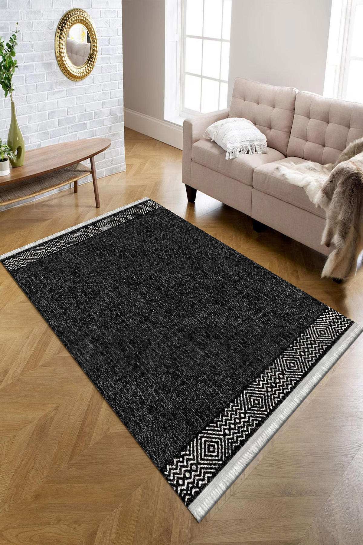 Kreatif Halı Siyah 4 mm Polyester Antibakteriyel Yıkanabilir İnce Kaymaz Dot Taban Dikdörtgen Makine Dokuma Salon Halısı 100x150 cm