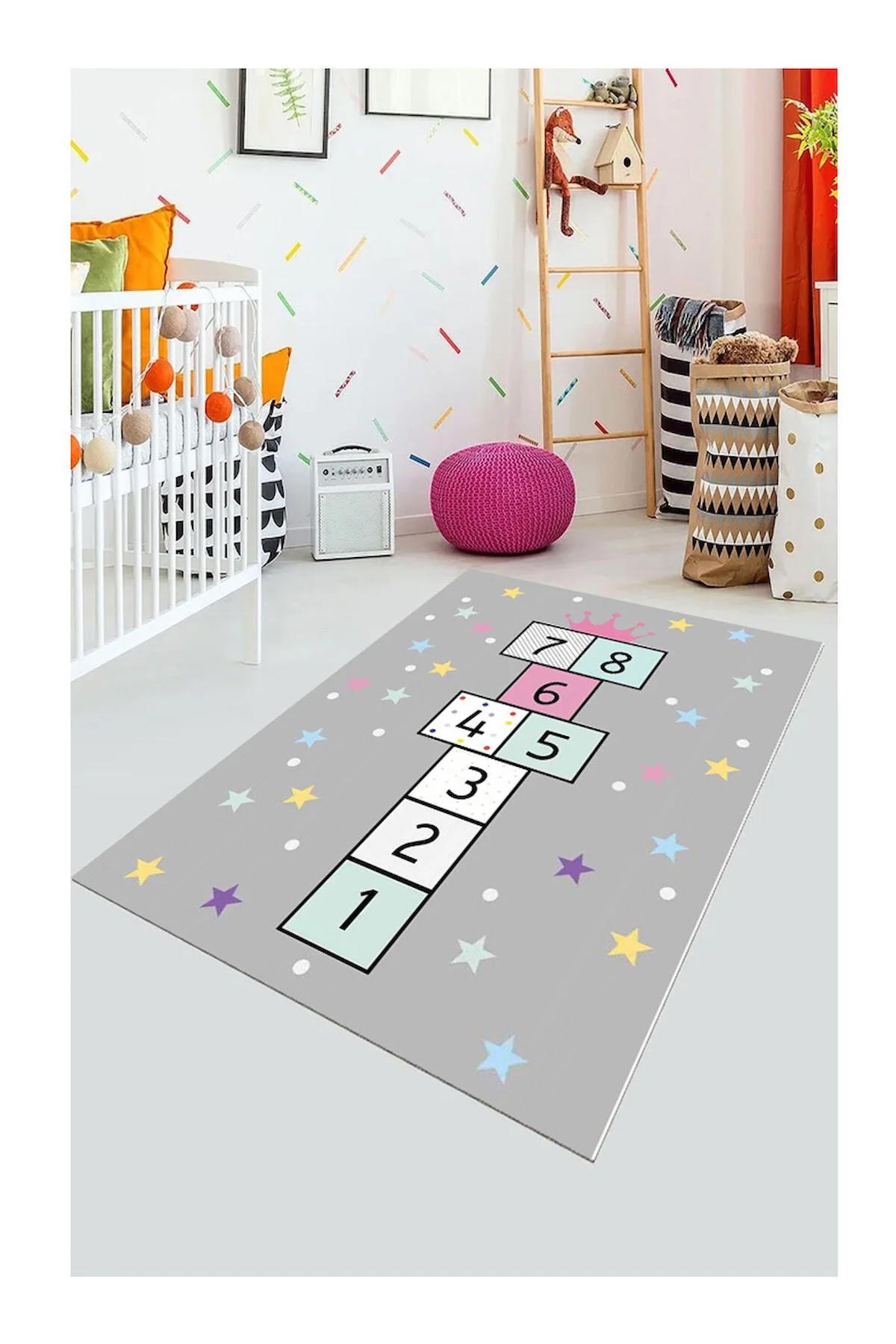 Sty Home Gri 0.8 mm Polyester Toz Tutmaz Yıkanabilir İnce Kaymaz Lateks Taban Dikdörtgen Makine Dokuma Çocuk Odası Halısı 133x190 cm