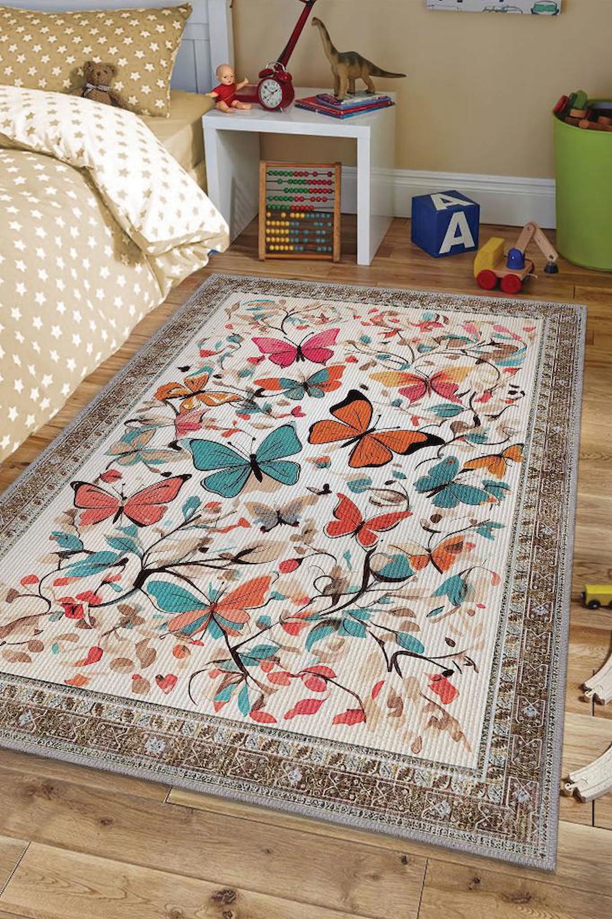 Homshtag Krem 4 mm Pamuk Antistatik Yıkanabilir İnce Kaymaz Geometrik Dikdörtgen Makine Dokuma Çocuk Odası Halısı 80x300 cm