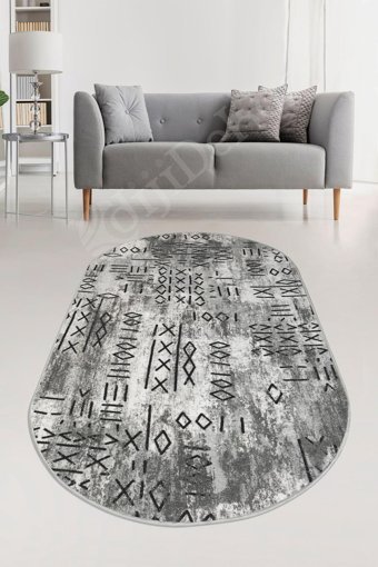 Dijidekor Deluxe Gri 7 mm Polyester Yıkanabilir Orta Kaymaz Dot Taban Oval Makine Dokuma Salon Halısı 120x180 cm