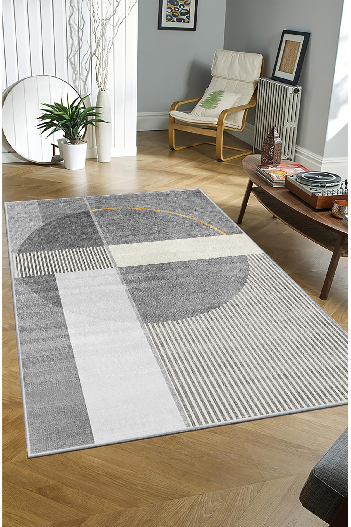 Artizon ART244 Gri 0.8 mm Polyester Toz Tutmaz Yıkanabilir İnce Kaymaz Dot Taban Dikdörtgen Makine Dokuma Salon Halısı 80x150 cm