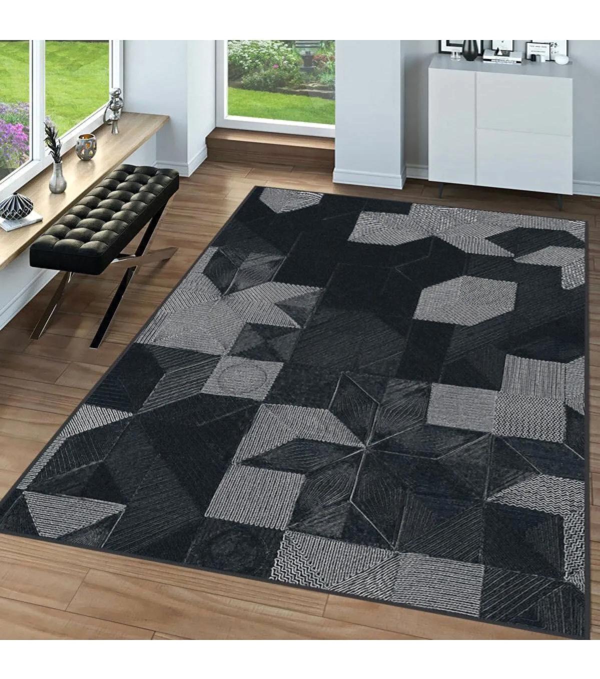 Rovigo Home RVG0080-SD818 Gri-Siyah 8 mm Polyester Yıkanabilir Orta Kaymaz Dot Taban Dikdörtgen Makine Dokuma Salon Halısı 140x200 cm
