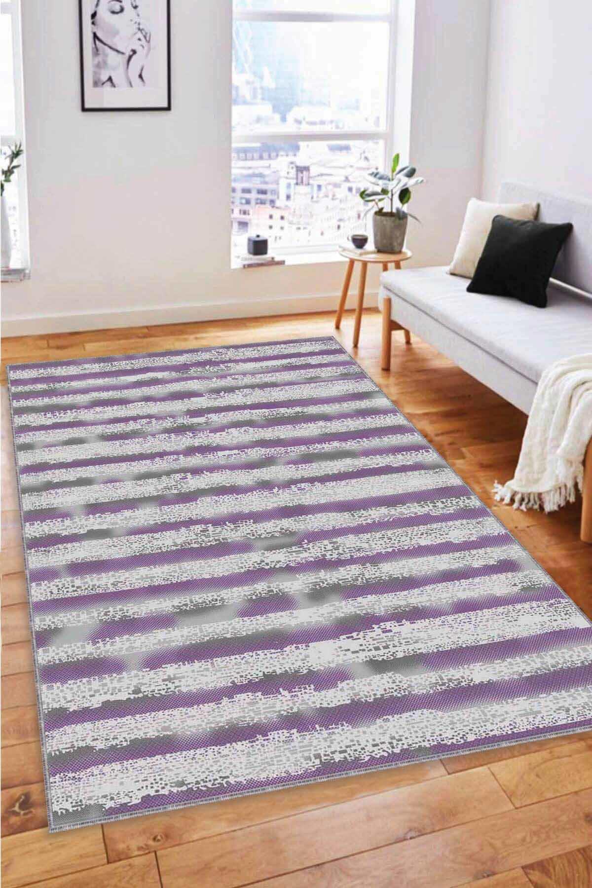 Viva Home FO05 Mor 7 mm Mikropolyester Antibakteriyel Yıkanabilir İnce Kaymaz Dot Taban Dikdörtgen Makine Dokuma Salon Halısı 100x200 cm