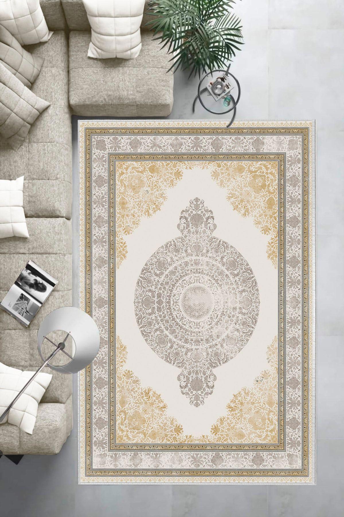 Aldora E4156 Krem 9 mm Deri Leke tutmaz Yıkanabilir İnce Kaymaz Deri Taban Dikdörtgen Makine Dokuma Salon Halısı 100x300 cm