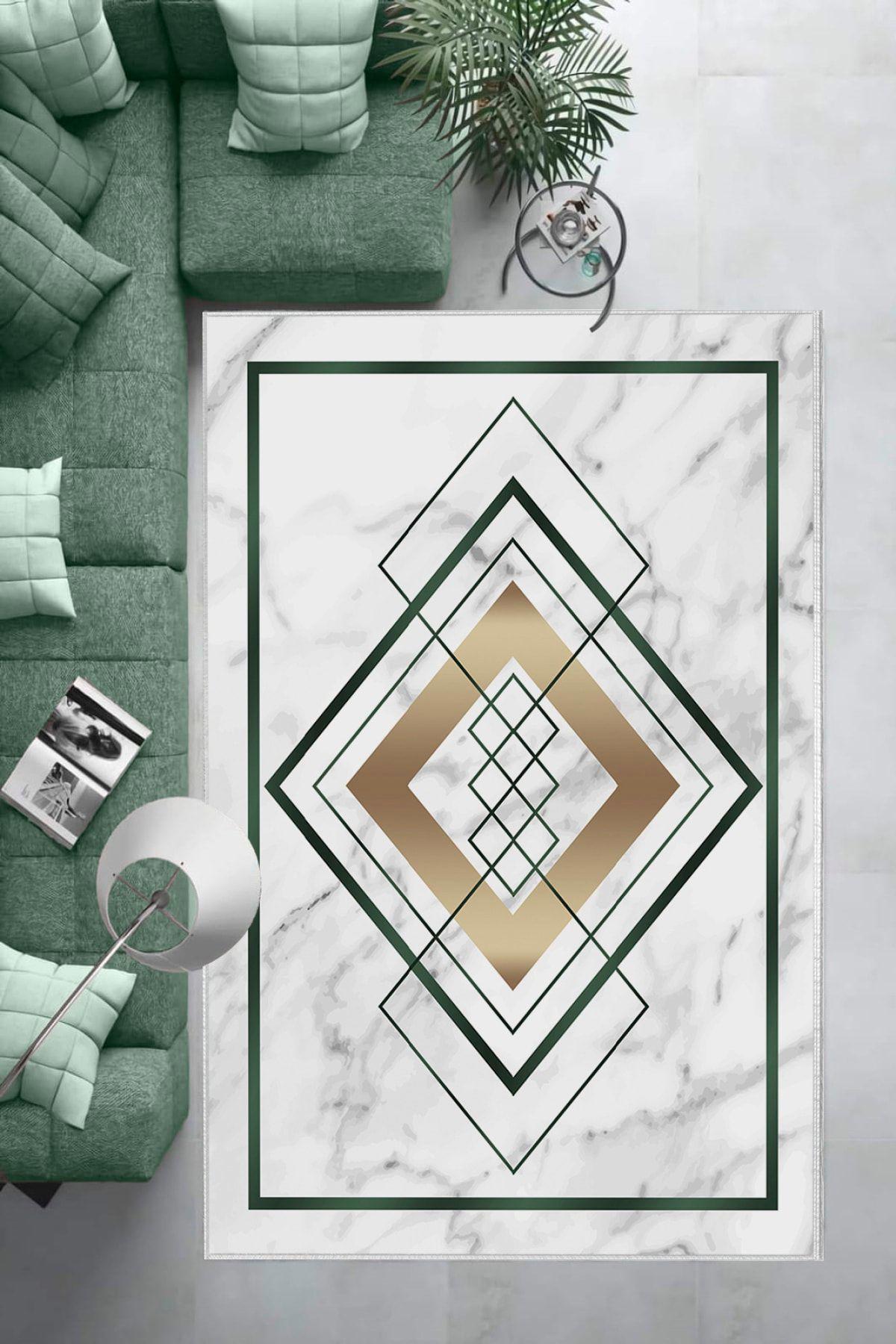 Aldora B1264 Yeşil 9 mm Deri Yalıtıma Yardımcı Yıkanabilir İnce Kaymaz Taban Dikdörtgen Makine Dokuma Salon Halısı 100x150 cm