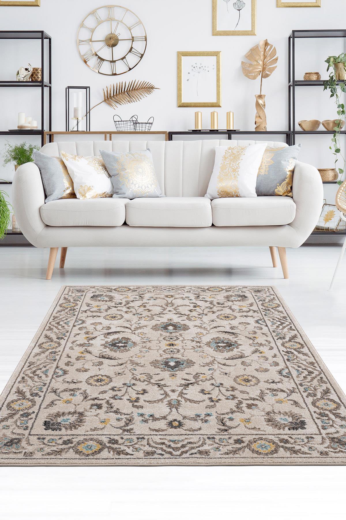 Petra Home Living Safir Krem Pamuk Yıkanabilir Kalın Kaymaz Lateks Taban Dikdörtgen Makine Dokuma Salon Halısı 120x180 cm