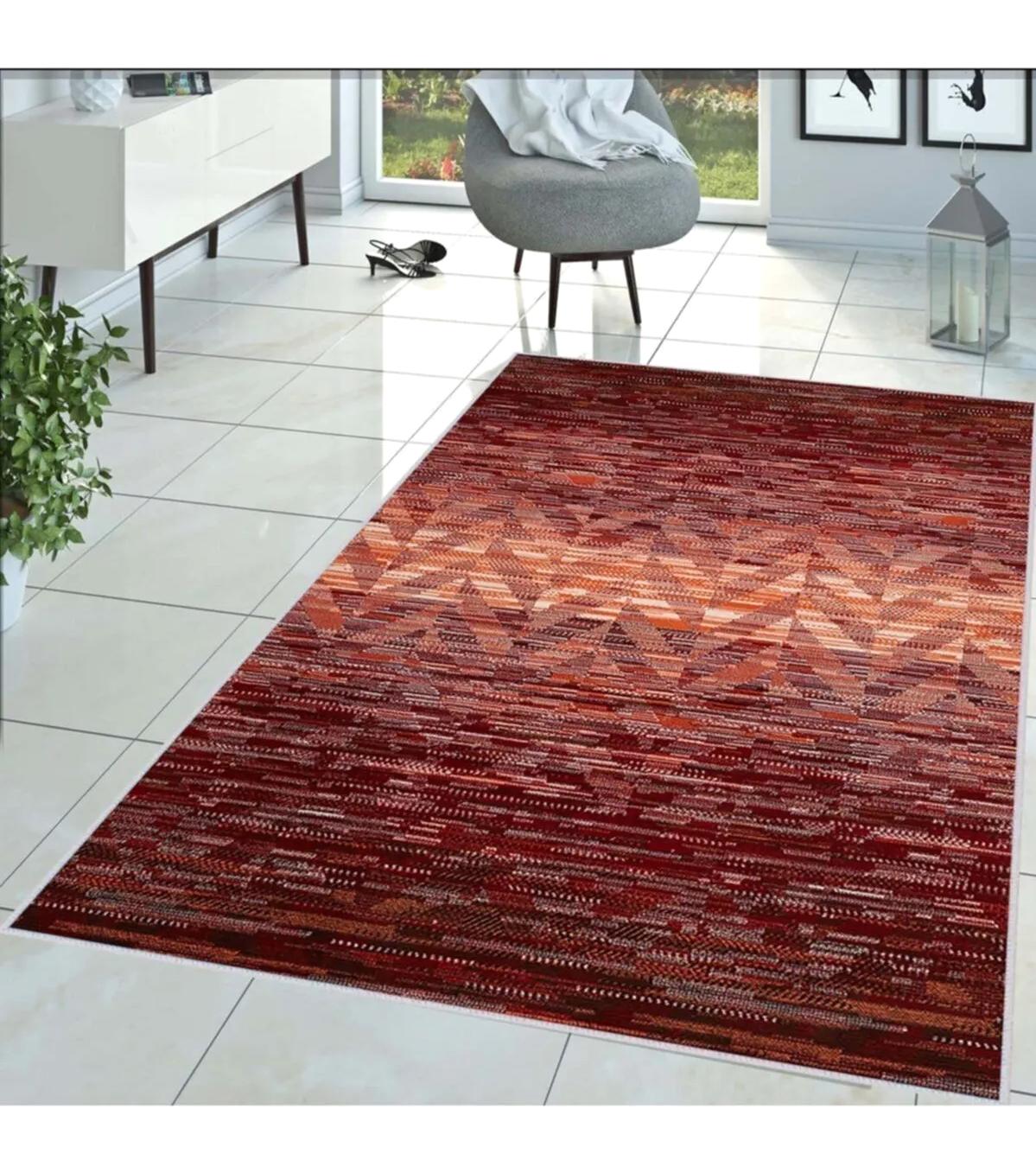 Rovigo Home RVG1437 Kırmızı 8 mm Polyester Antibakteriyel-Leke Tutmaz-Toz Tutmaz Yıkanabilir İnce Kaymaz Dot Taban Dikdörtgen Makine Dokuma Salon Halısı 130x200 cm
