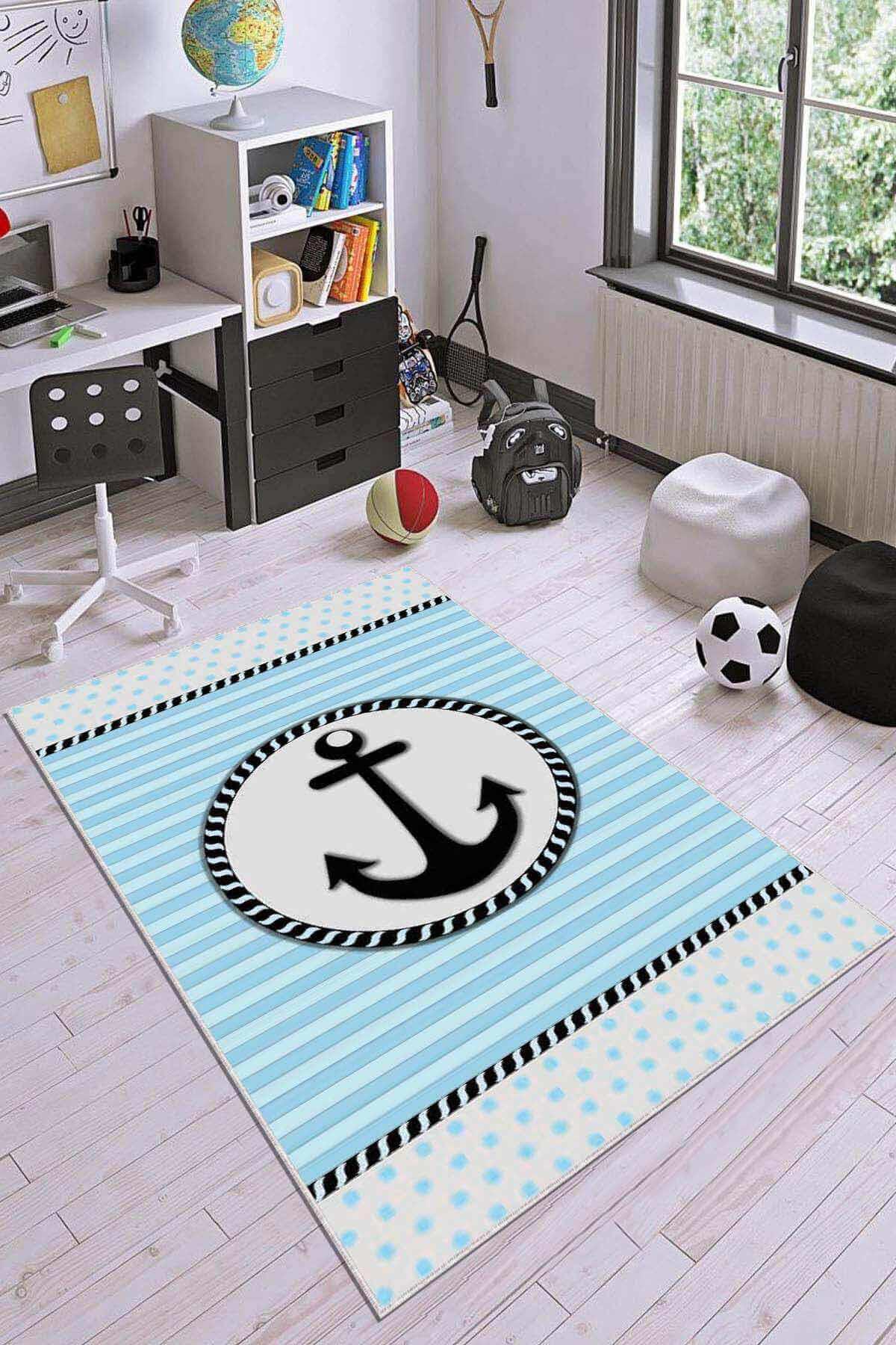 Viva Home KD30 Mavi 7 mm Mikropolyester Leke tutmaz Yıkanabilir İnce Kaymaz Dot Taban Dikdörtgen Makine Dokuma Çocuk Odası Halısı 80x500 cm