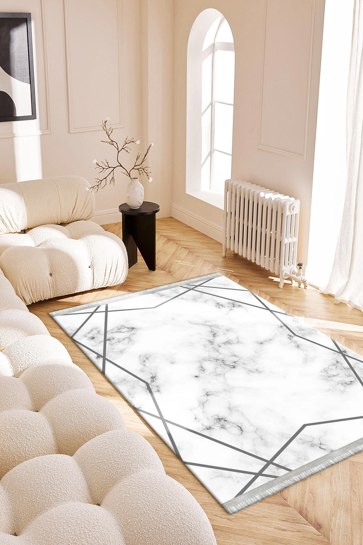 Roslyn Home Bej-Gri 6 mm Polyester Antibakteriyel Yıkanabilir İnce Kaymaz Dot Taban Dikdörtgen Makine Dokuma Salon Halısı 150x200 cm