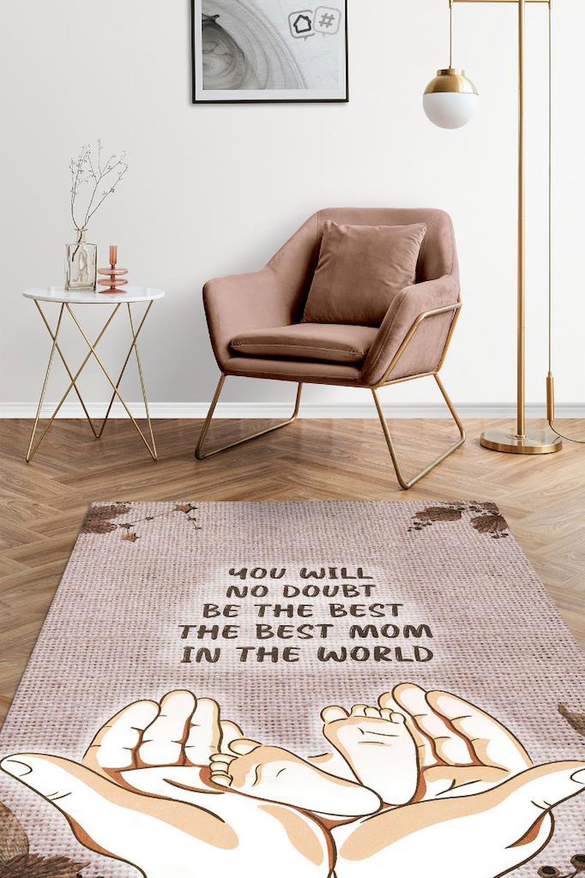 Homshtag En İyi Anne Krem 4 mm Pamuk Antistatik Yıkanabilir İnce Kaymaz Dikdörtgen Makine Dokuma Salon Halısı 100x200 cm