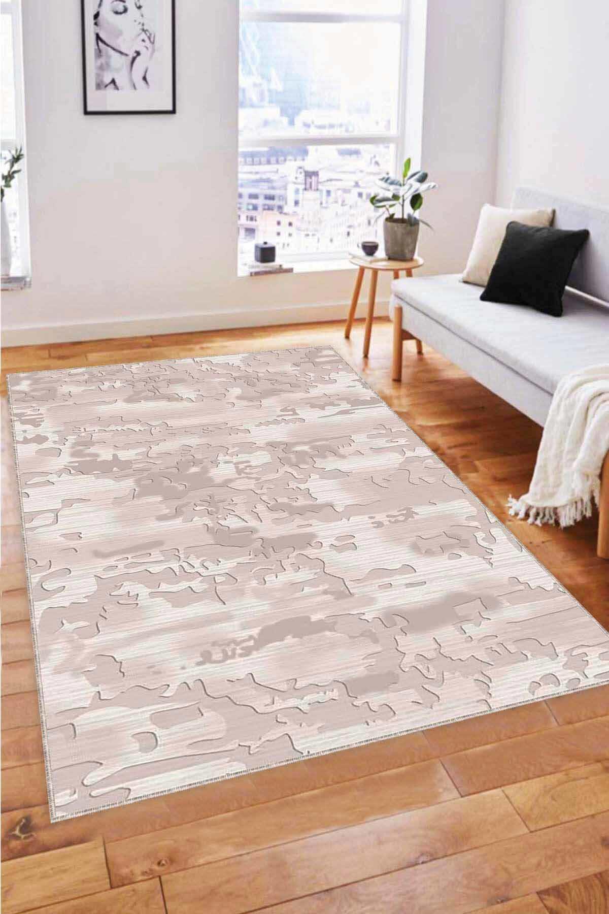 Viva Home NU002 Bej 7 mm Mikropolyester Leke Tutmaz Yıkanabilir İnce Kaymaz Dot Taban Dikdörtgen Makine Dokuma Salon Halısı 100x300 cm