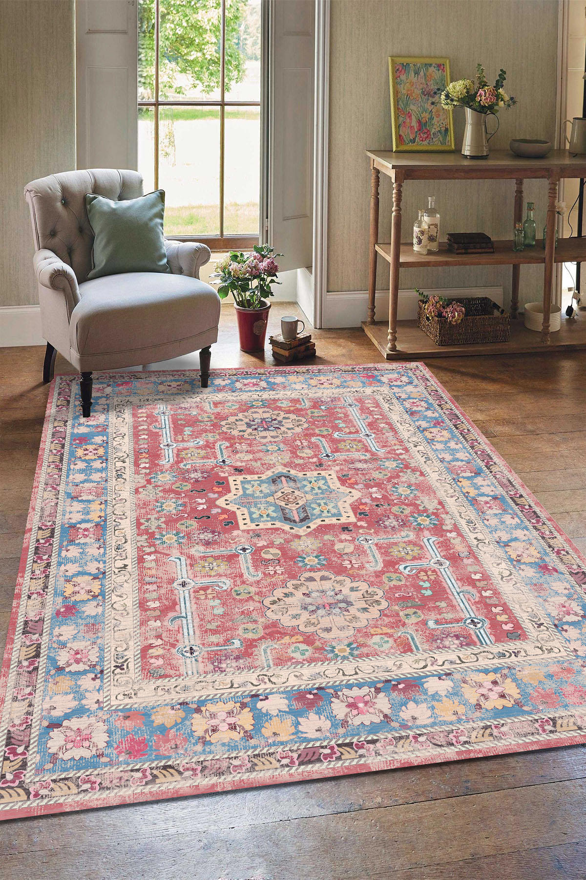 Aida Home Blue Krem 0.5 mm Pamuk Antibakteriyel Yıkanabilir İnce Kaymaz Pamuk Taban Dikdörtgen Makine Dokuma Salon Halısı 160x230 cm