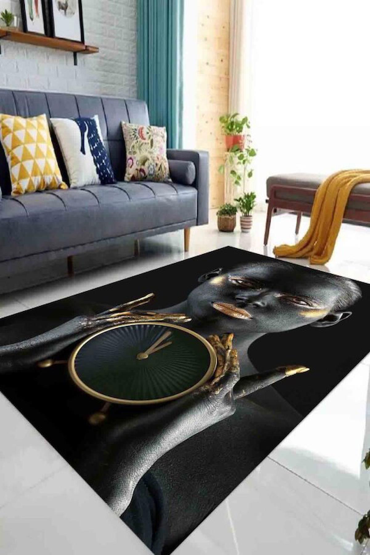 Homefesto Krem 5 mm Polyester Leke Tutmaz Yıkanabilir İnce Kaymaz Taban Figürlü Dikdörtgen Makine Dokuma Salon Halısı 80x200 cm