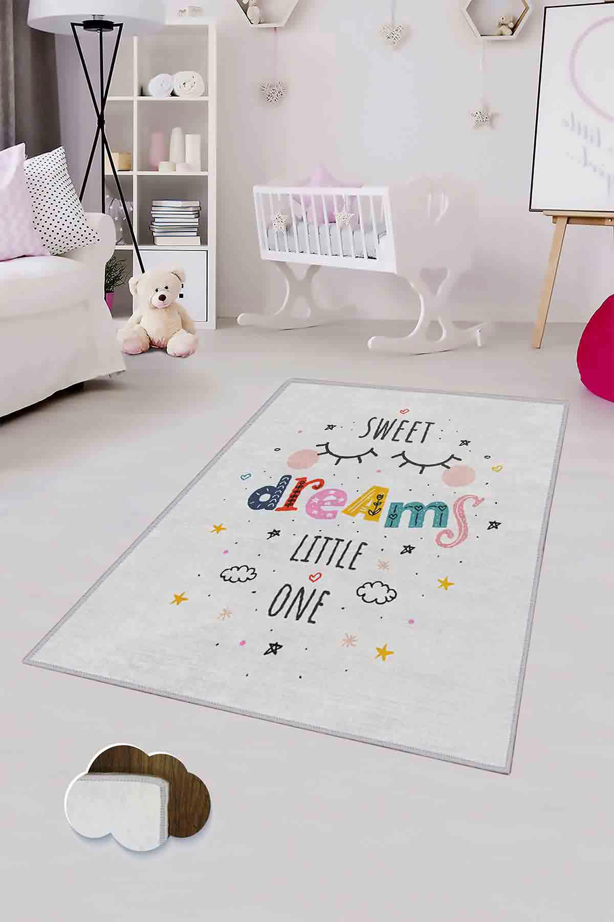 Homefesto Krem 5 mm Polyester Leke Tutmaz Yıkanabilir İnce Kaymaz Taban Yazılı Dikdörtgen Makine Dokuma Çocuk Odası Halısı 100x300 cm
