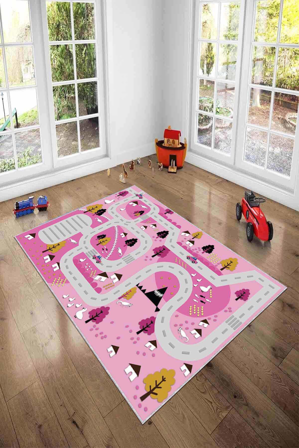 Viva Home AR244 Pembe 7 mm Mikropolyester Leke Tutmaz Yıkanabilir İnce Kaymaz Dot Taban Dikdörtgen Makine Dokuma Çocuk Odası Halısı 100x300 cm