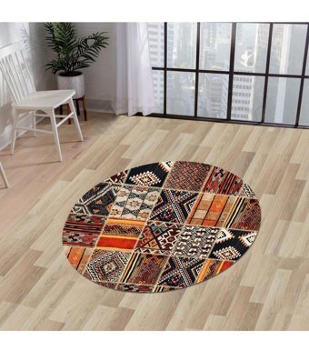 Dijidekor K1300 Çok Renkli 6 mm Polyester Yıkanabilir Orta Kaymaz Dot Taban Yuvarlak Makine Dokuma Salon Halısı 140x200 cm