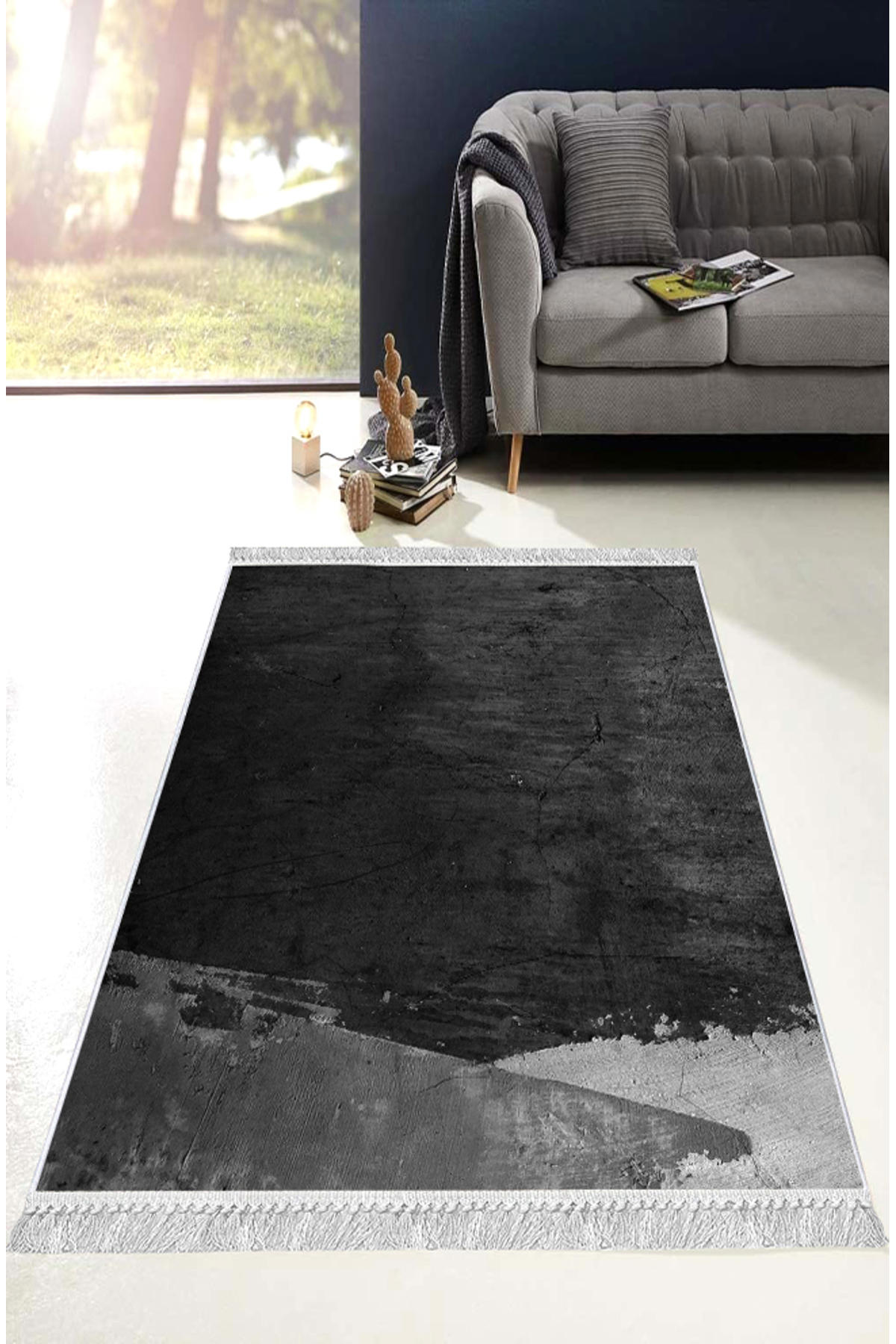 Artizon ART057 Antrasit 0.8 mm Polyester Toz Tutmaz Yıkanabilir İnce Kaymaz Dot Taban Dikdörtgen Makine Dokuma Salon Halısı 200x300 cm