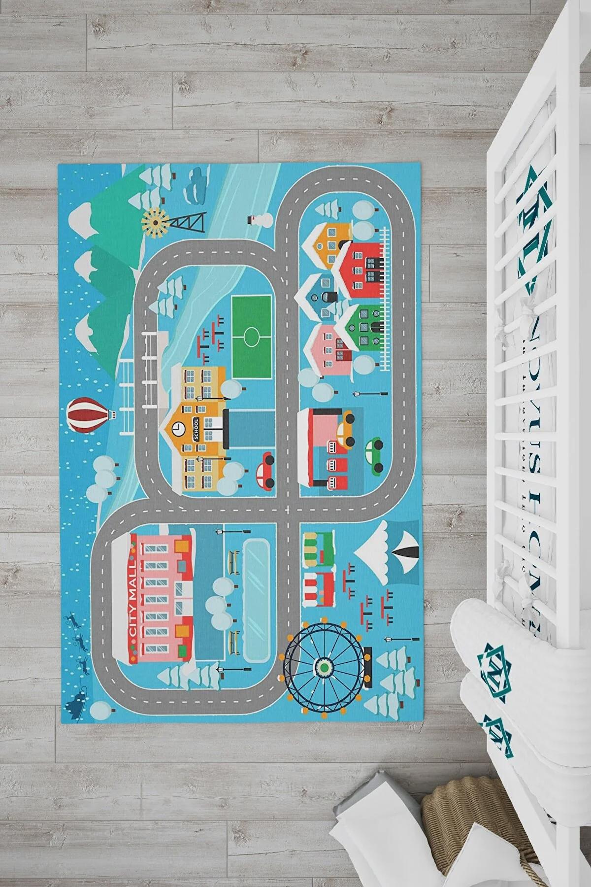 Novus Home Verona Serisi Mavi 6 mm Polyester Antibakteriyel-Toz Tutmaz-Yalıtıma Yardımcı Yıkanabilir İnce Kaymaz Taban Dikdörtgen Makine Dokuma Çocuk Odası Halısı 80x500 cm