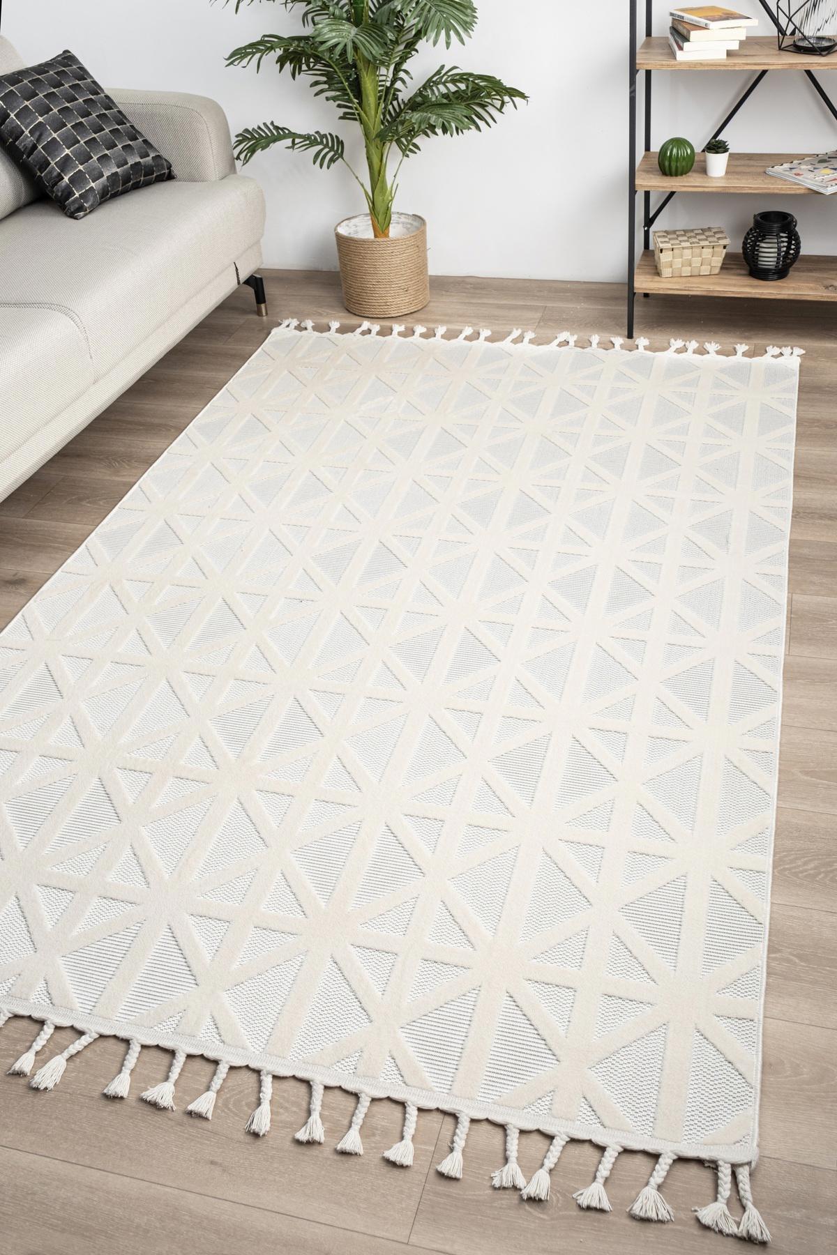 Valery Home Krem 12 mm Polipropilen Antibakteriyel Yıkanabilir İnce Kaymaz Taban Dikdörtgen Makine Dokuma Salon Halısı 150x250 cm