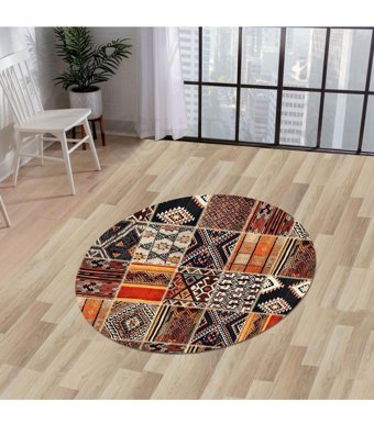 Dijidekor K1300 Çok Renkli 7 mm Polyester Yıkanabilir Orta Kaymaz Dot Taban Yuvarlak Makine Dokuma Salon Halısı 140x200 cm