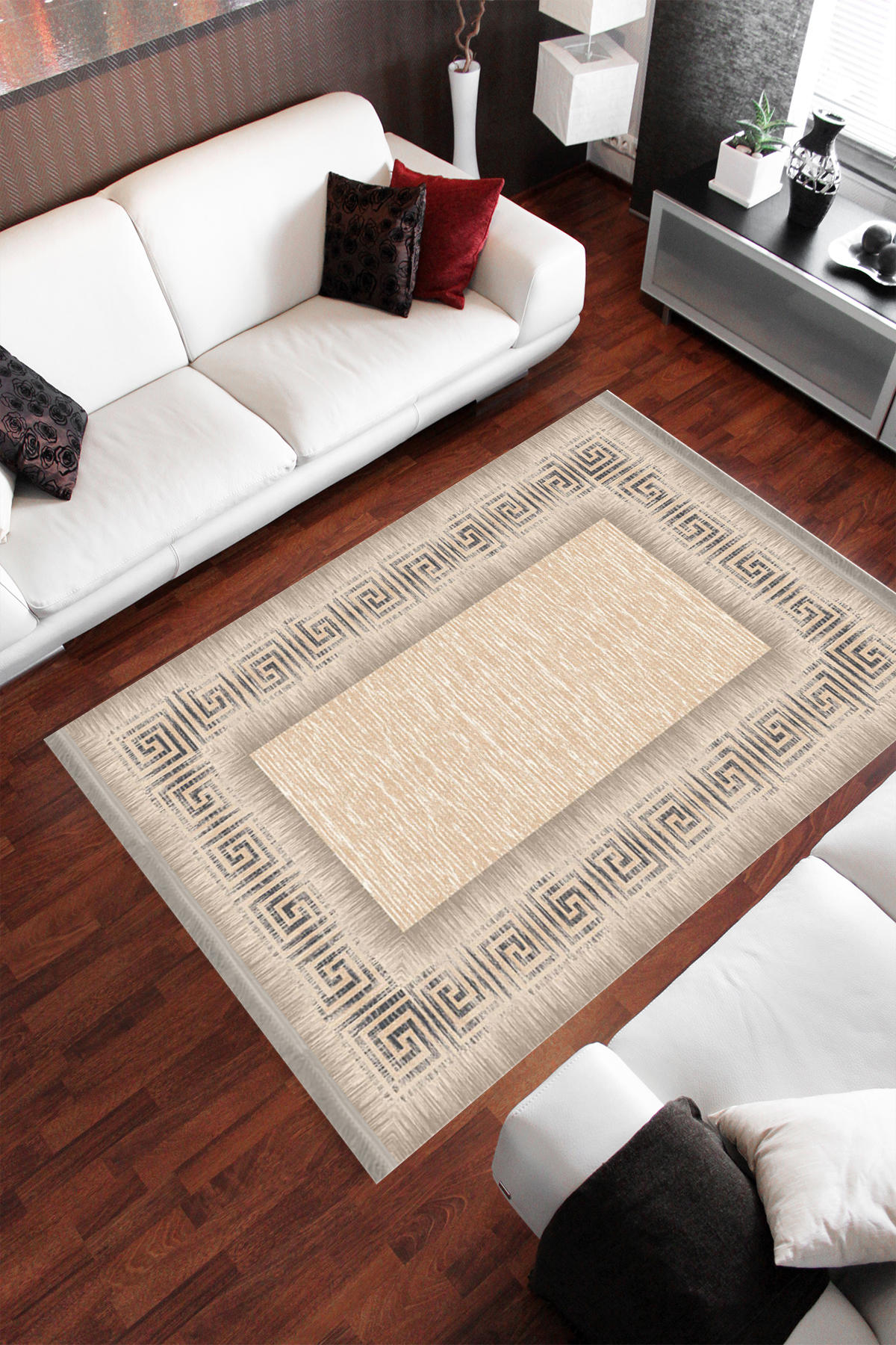 Homier Collection H-DK-5179A Bej-Siyah 7 mm Pamuk Antibakteriyel Yıkanabilir Orta Kaymaz Dot Taban Dikdörtgen Makine Dokuma Salon Halısı 100x150 cm