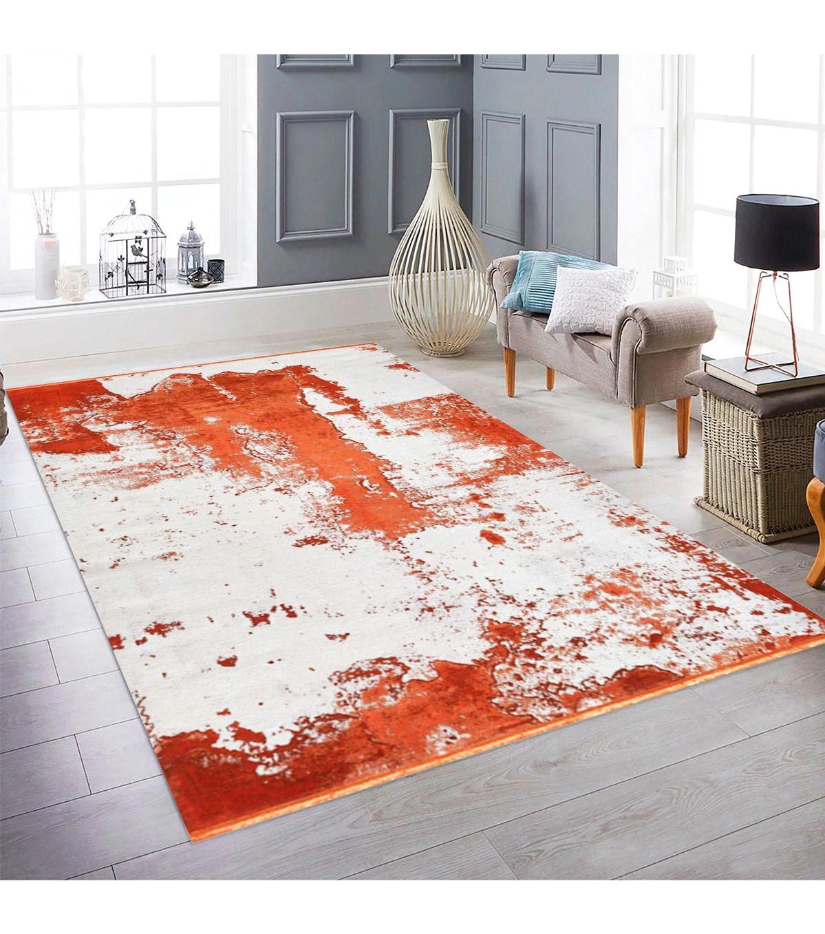 Royal Halı Da Vinci Turuncu 6 mm İpek Toz Tutmaz Yıkanabilir Kalın Kaymaz Lateks Taban Dikdörtgen Makine Dokuma Salon Halısı 140x200 cm