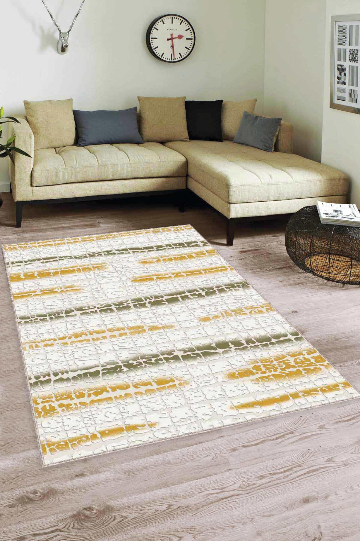 Viva Home FL01 Sarı-Yeşil 7 mm Mikropolyester Yalıtıma Yardımcı Yıkanabilir İnce Kaymaz Taban Dikdörtgen Makine Dokuma Antre-Salon-Yatak Odası Halısı 100x300 cm
