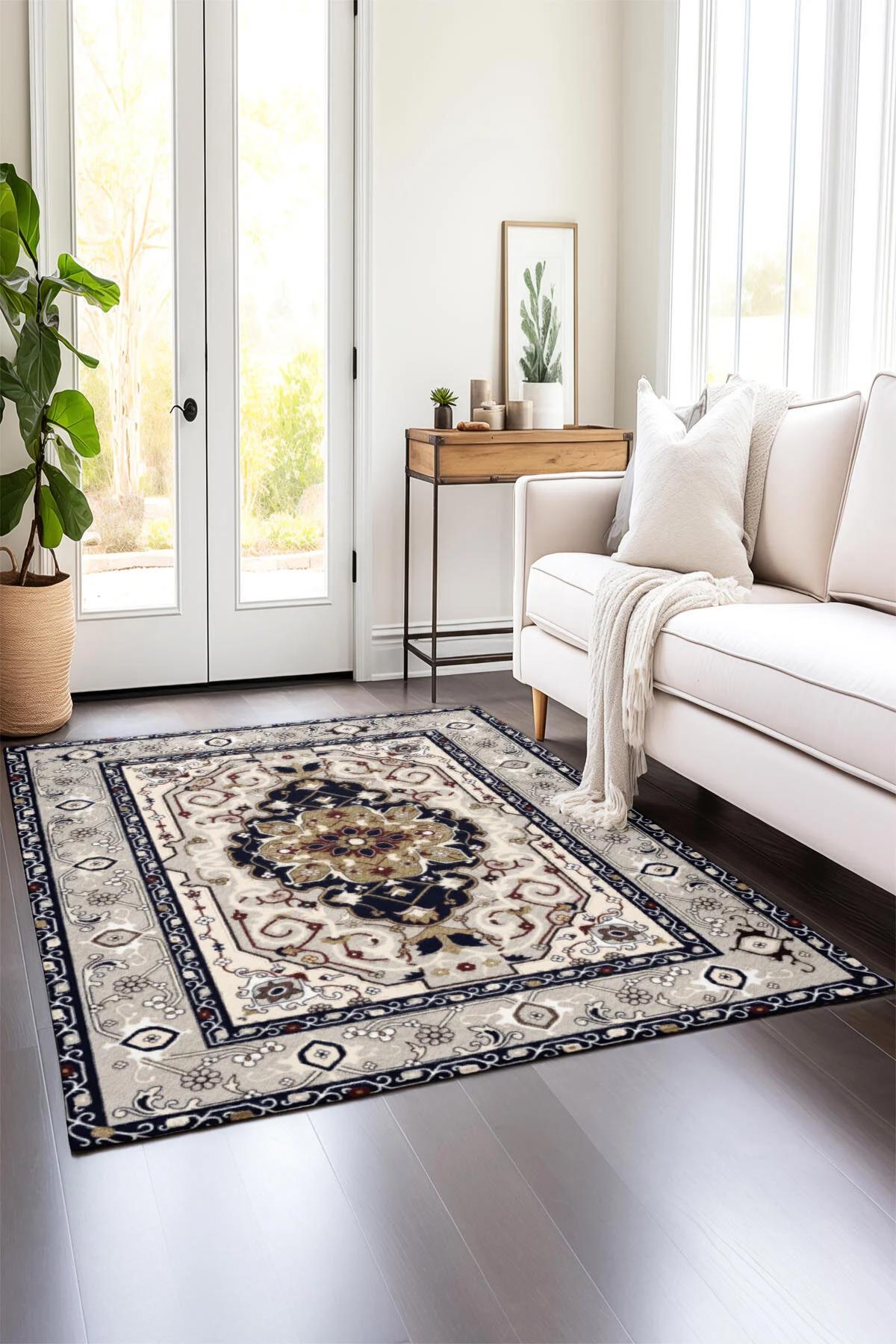 Comotex Krem 7 mm Polyester Antibakteriyel Yıkanabilir Kalın Kaymaz Taban Dikdörtgen Makine Dokuma Salon Halısı 200x300 cm