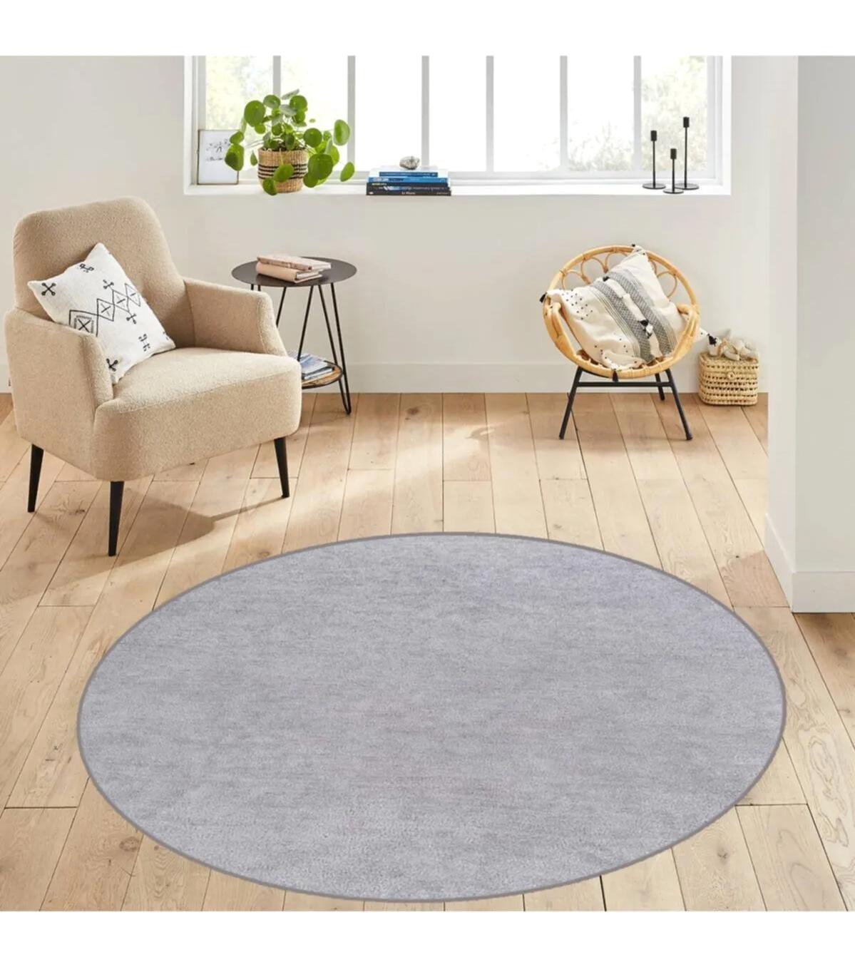 Rovigo Home RVG7094 Gri 8 mm Polyester Antibakteriyel-Leke Tutmaz-Toz Tutmaz Yıkanabilir İnce Kaymaz Dot Taban Yuvarlak Makine Dokuma Salon Halısı 100x150 cm