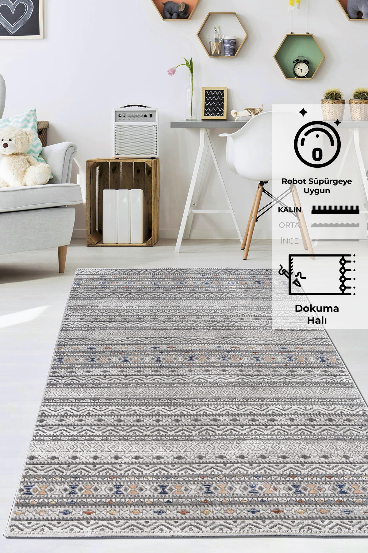 Konfor Halı Motto 4584 Gri 7 mm Polyester Yıkanabilir Dikdörtgen Makine Dokuma Çocuk Odası Halısı 100x150 cm