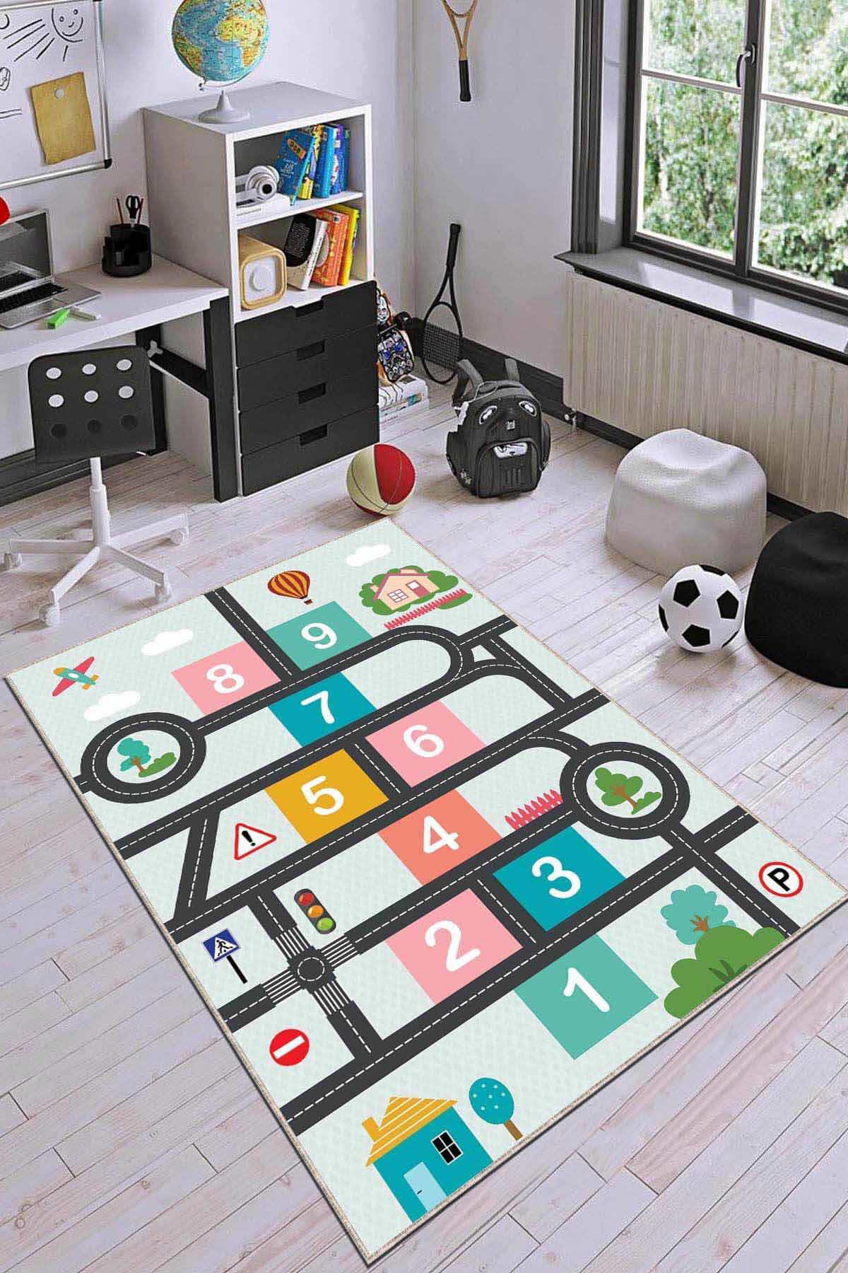 Viva Home AR768 Krem 7 mm Mikropolyester Leke Tutmaz Yıkanabilir Orta Kaymaz Dot Taban Dikdörtgen Makine Dokuma Çocuk Odası Halısı 200x290 cm