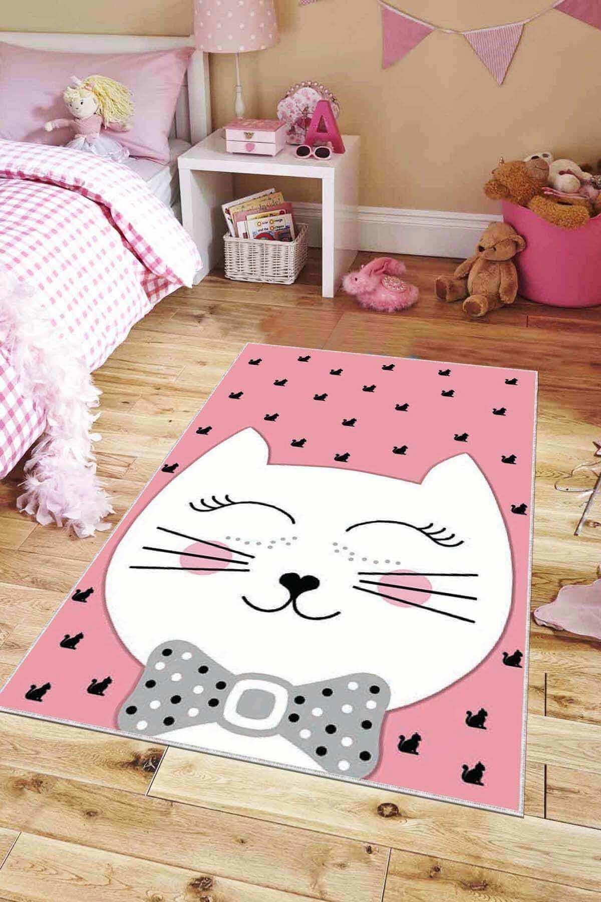 Viva Home KD07 Pembe 7 mm Mikropolyester Leke Tutmaz Yıkanabilir İnce Kaymaz Dot Taban Dikdörtgen Makine Dokuma Çocuk Odası Halısı 180x180 cm