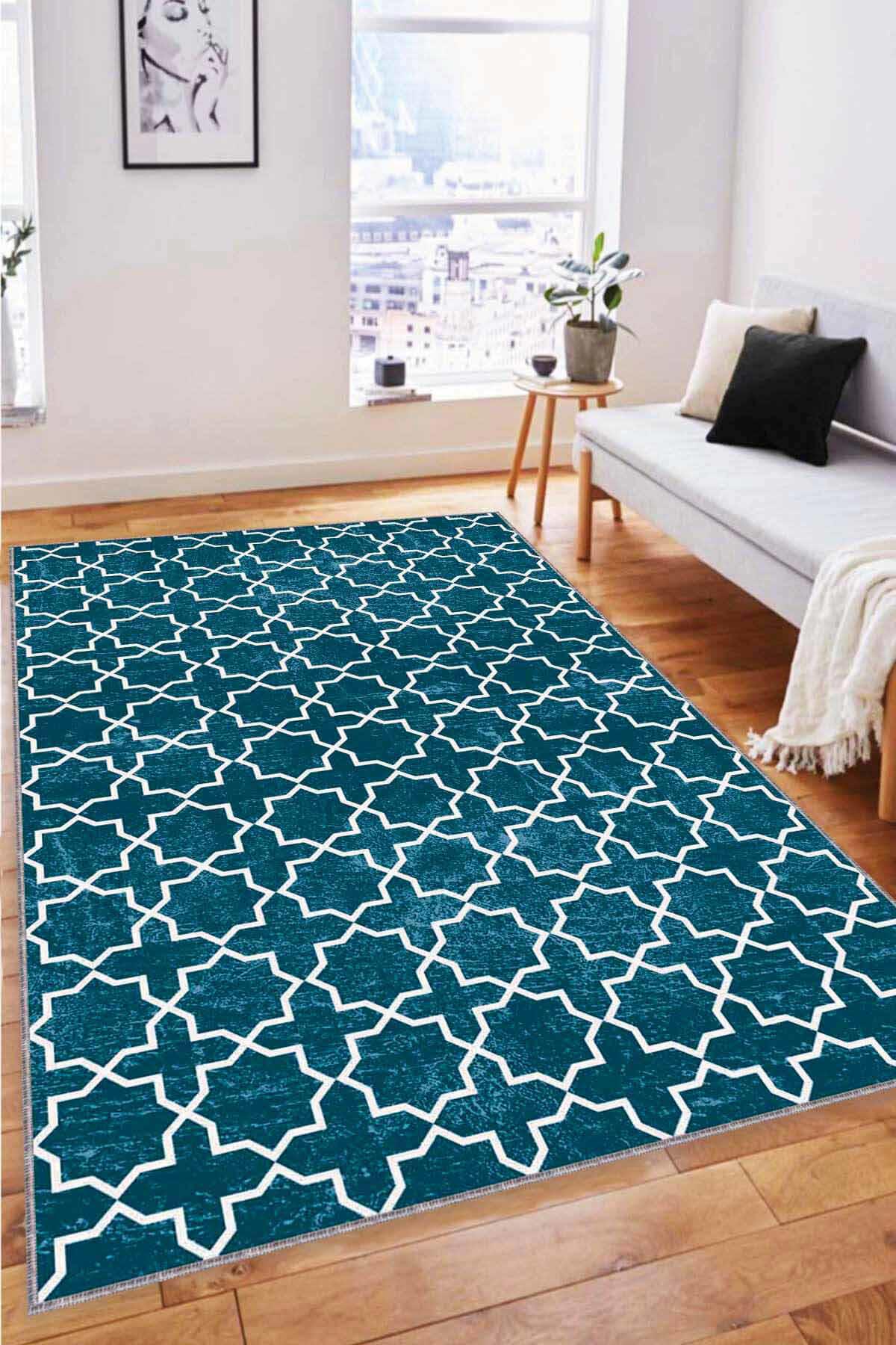 Viva Home MO09 Çok Renkli 7 mm Mikropolyester Leke Tutmaz-Yalıtıma Yardımcı Yıkanabilir İnce Kaymaz Taban Dikdörtgen Makine Dokuma Salon Halısı 40x60 cm