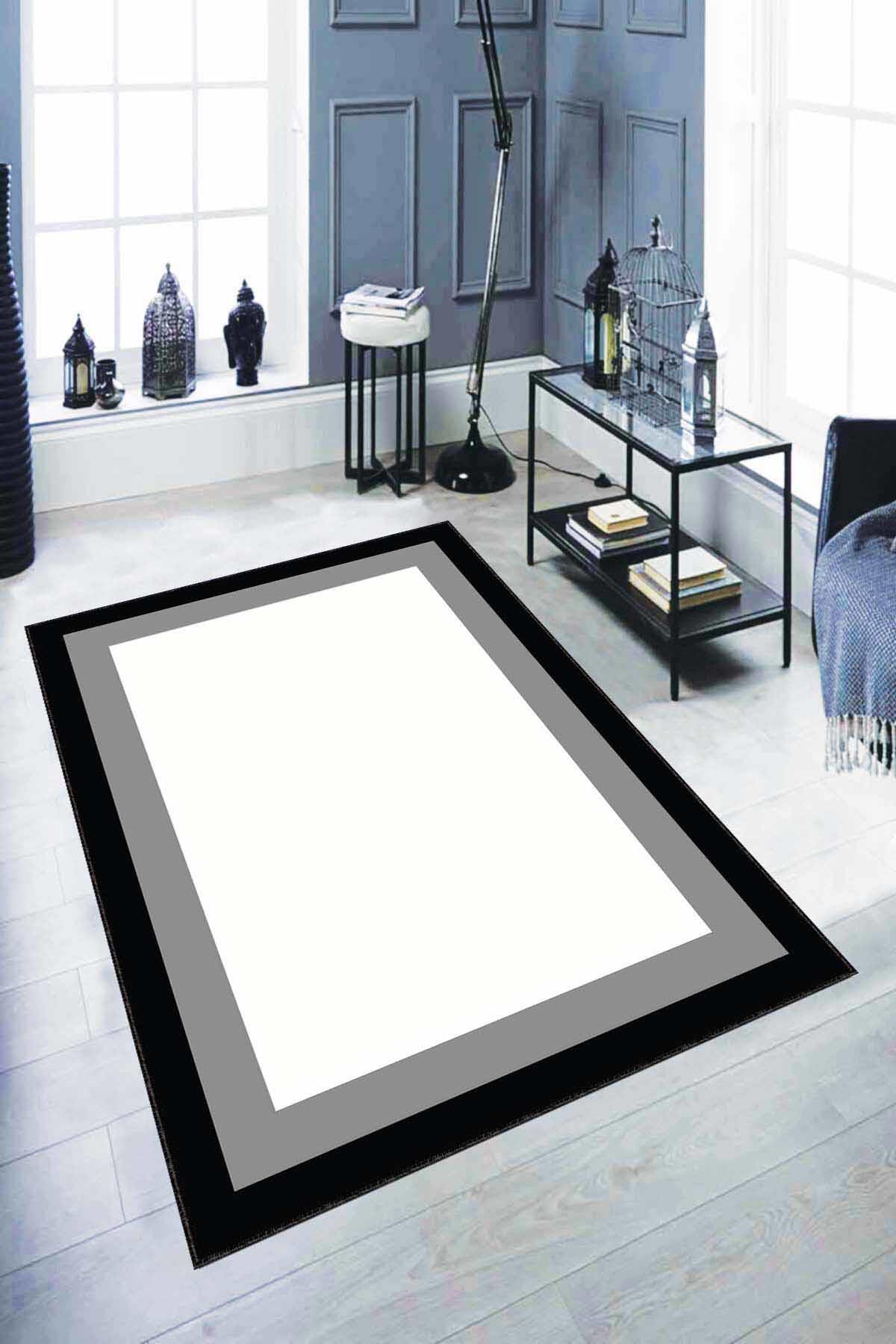 Viva Home AR077 Beyaz - Siyah 7 mm Mikropolyester Antibakteriyel Yıkanabilir Kalın Kaymaz Lateks Taban Dikdörtgen Makine Dokuma Salon Halısı 200x290 cm