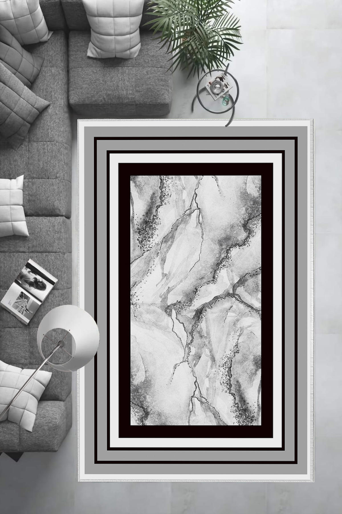 Aldora Gri-Siyah 0.8 mm Polipropilen Yıkanabilir Orta Kaymaz Deri Taban Dikdörtgen Makine Dokuma Salon Halısı 60x100 cm