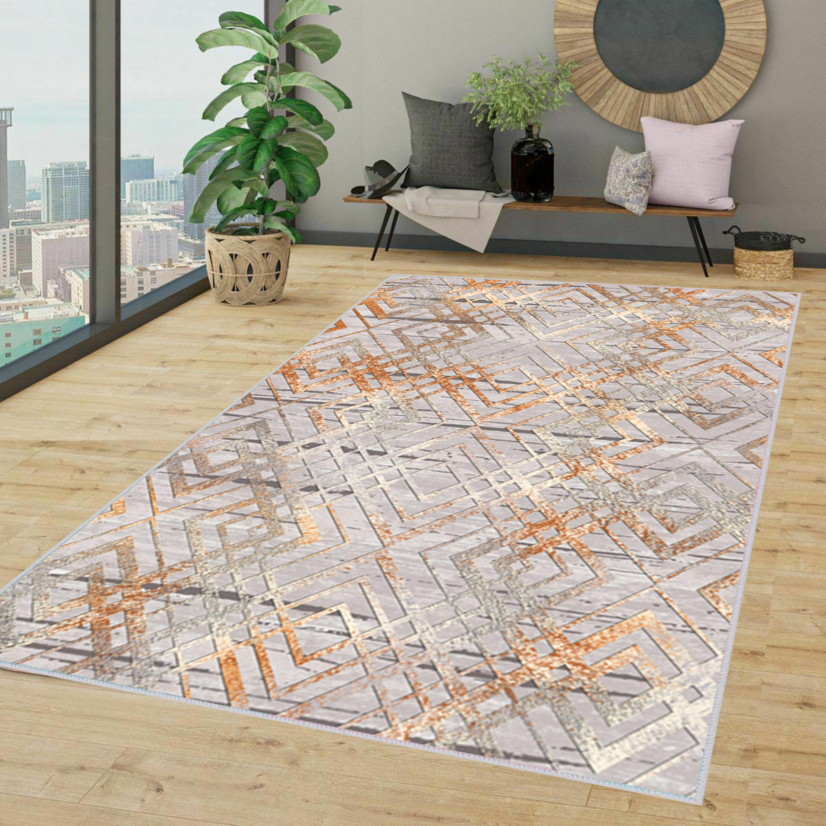 Rovigo Home RVG1386-HT1402 Çok Renkli 8 mm Polyester Antibakteriyel-Leke Tutmaz-Toz Tutmaz Yıkanabilir İnce Kaymaz Dot Taban Dikdörtgen Makine Dokuma Salon Halısı 140x200 cm