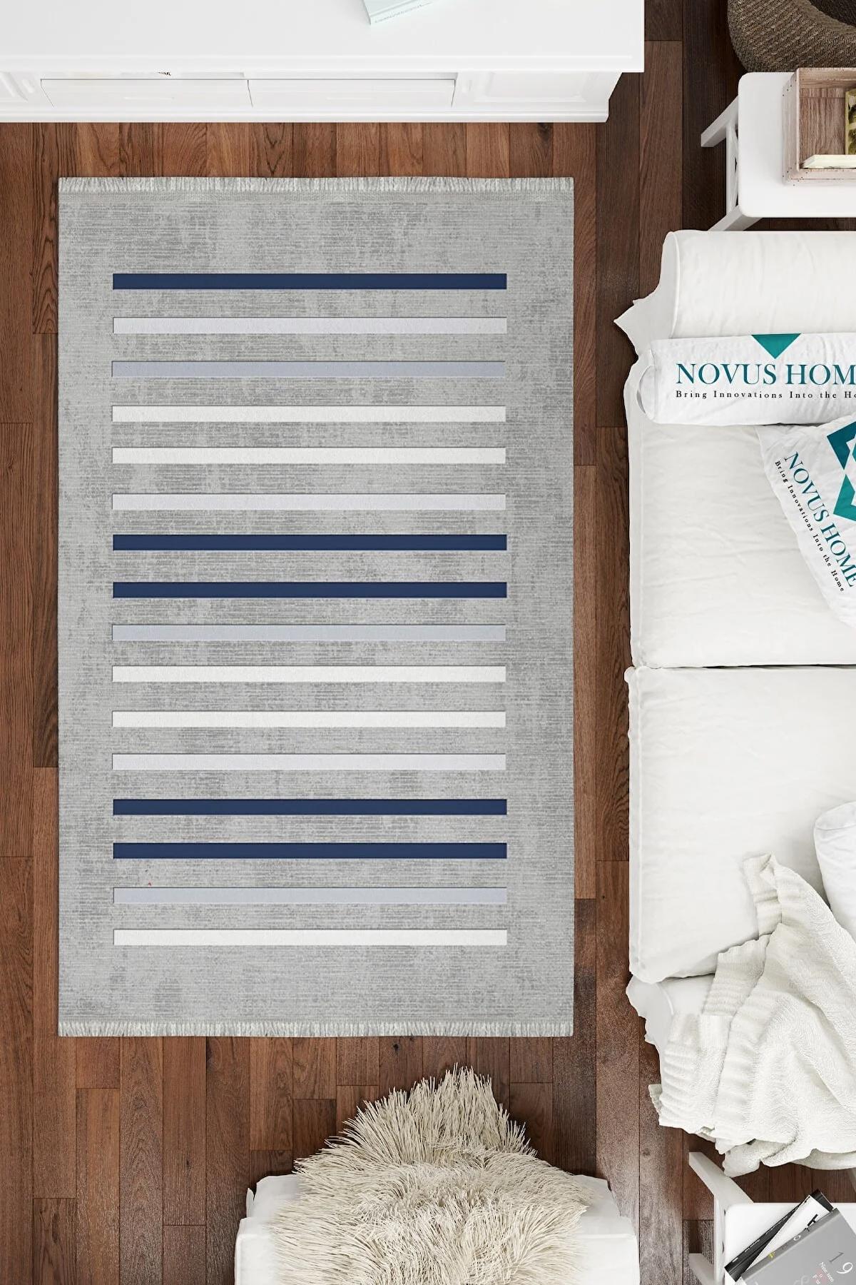 Novus Home Gri-Mavi 6 mm Polyester Antibakteriyel Yıkanabilir İnce Kaymaz Taban Dikdörtgen Makine Dokuma Antre-Salon-Yatak Odası Halısı 200x290 cm