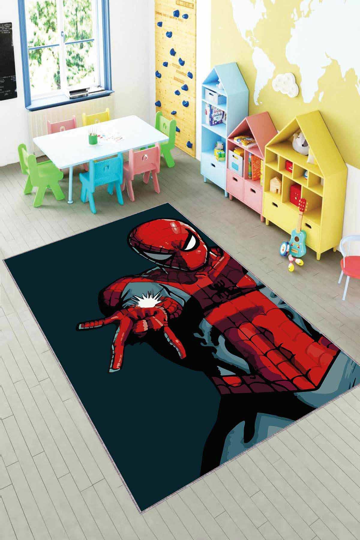 Viva Home AR1179 Kırmızı 7 mm Mikropolyester Antibakteriyel Yıkanabilir İnce Kaymaz Taban Süper Kahraman Temalı Dikdörtgen Makine Dokuma Çocuk Odası Halısı 80x150 cm
