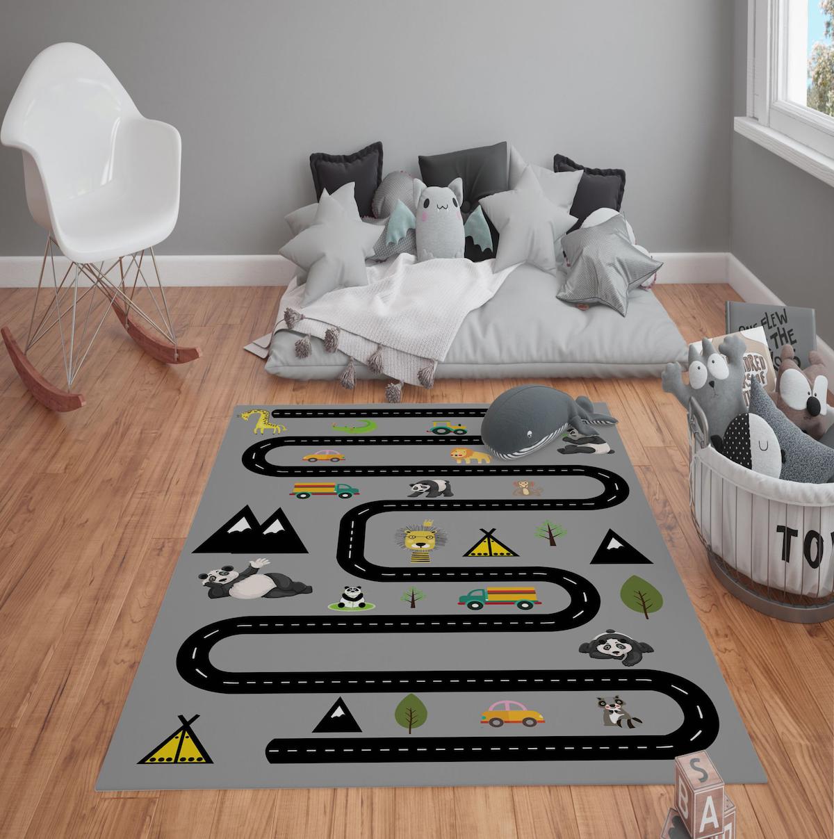 Doruklar Home Collection Gri 0.7 mm Polyester Antibakteriyel Yıkanabilir Kalın Kaymaz Taban Dikdörtgen Makine Dokuma Çocuk Odası Halısı 100x150 cm