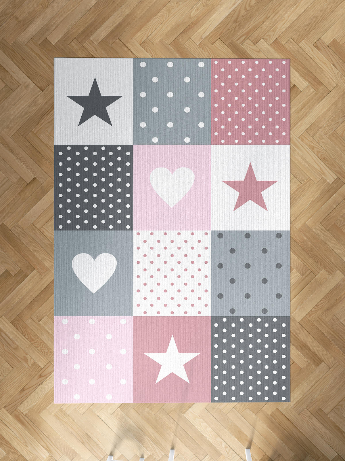 Mekta Home Kalp-Yıldız Krem 10 mm Antibakteriyel Yıkanabilir İnce Kaymaz Dot Taban Dikdörtgen Makine Dokuma Çocuk Odası Halısı 80x600 cm