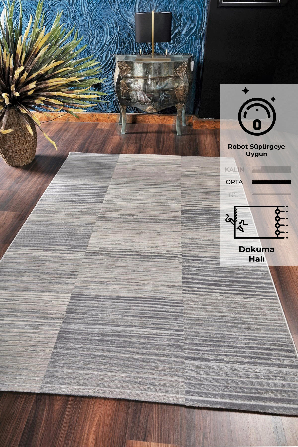 Konfor Halı Motto 4479 Gri 7 mm Polyester Yıkanabilir Dikdörtgen Makine Dokuma Salon Halısı 100x150 cm