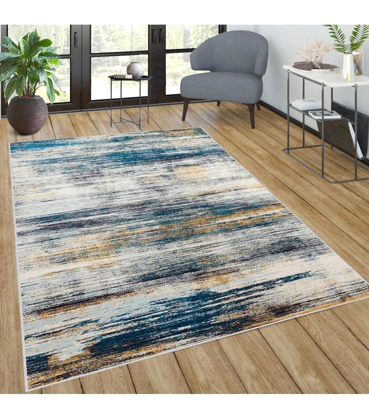 Rovigo Home RVG0596 Beyaz-Mavi 8 mm Polyester Antibakteriyel-Leke Tutmaz-Toz Tutmaz Yıkanabilir İnce Kaymaz Dot Taban Dikdörtgen Makine Dokuma Salon Halısı 180x300 cm