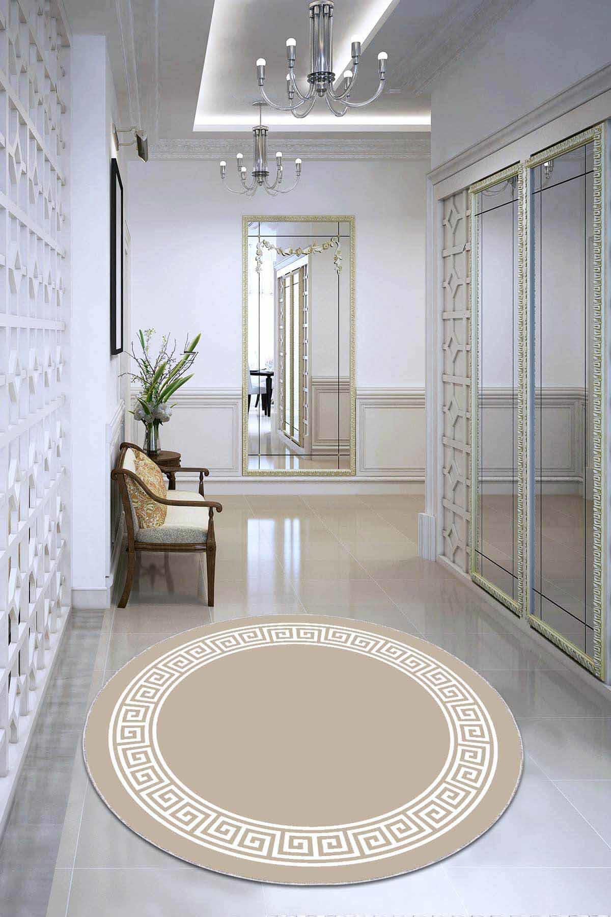 Viva Home AR511 Bej 7 mm Mikropolyester Yıkanabilir İnce Kaymaz Jüt Taban Yuvarlak Makine Dokuma Salon Halısı 160x233 cm