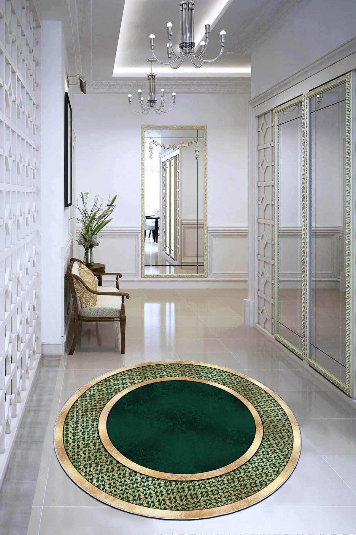 Viva Home AR732 Altın-Yeşil 7 mm Mikropolyester Toz Tutmaz Yıkanabilir İnce Kaymaz Taban Yuvarlak Makine Dokuma Yatak Odası Halısı 160x230 cm