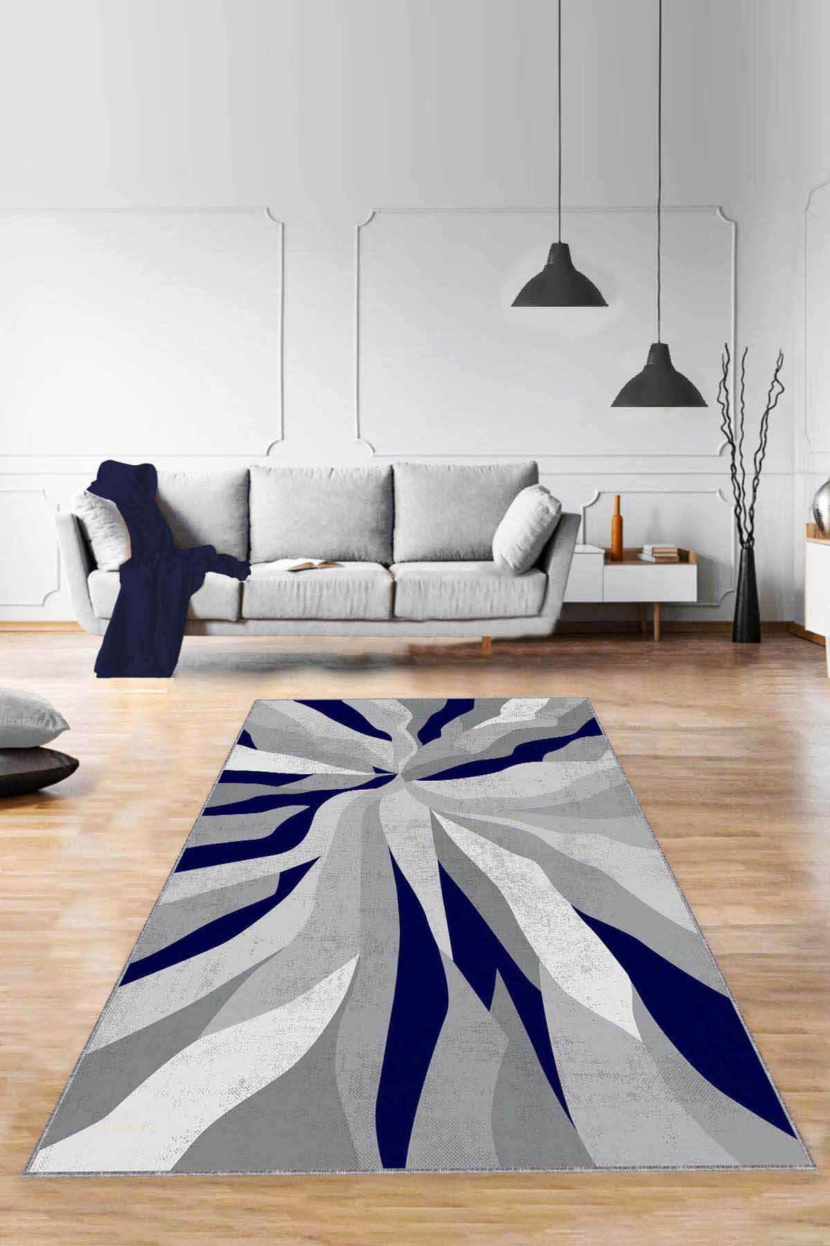 Viva Home ME005 Lacivert 7 mm Mikropolyester Antibakteriyel Yıkanabilir İnce Kaymaz Dikdörtgen Makine Dokuma Salon Halısı 100x300 cm