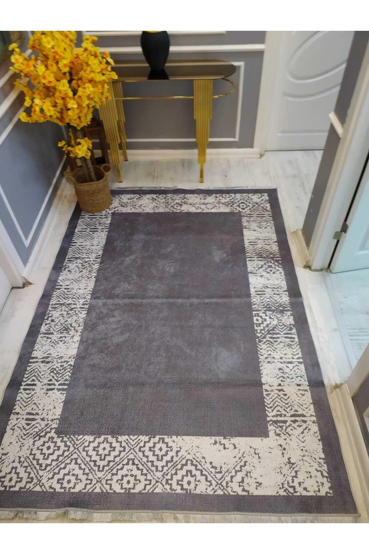 Doruklar Home Collection DRK8040 Gri 0.7 mm Pamuk Antibakteriyel Yıkanabilir İnce Kaymaz Deri-Dot Taban Dikdörtgen Makine Dokuma Salon Halısı 50x80 cm