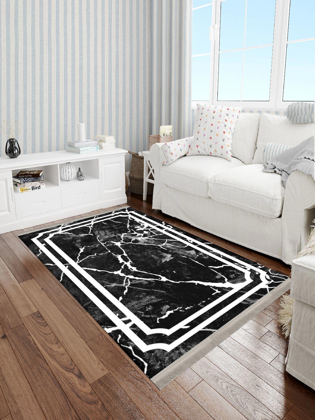 Enbe Collection E-ST1001C Beyaz - Siyah 5 mm Pamuk Antibakteriyel Yıkanabilir Orta Kaymaz Dot Taban Dikdörtgen Makine Dokuma Oturma Odası Halısı 80x500 cm